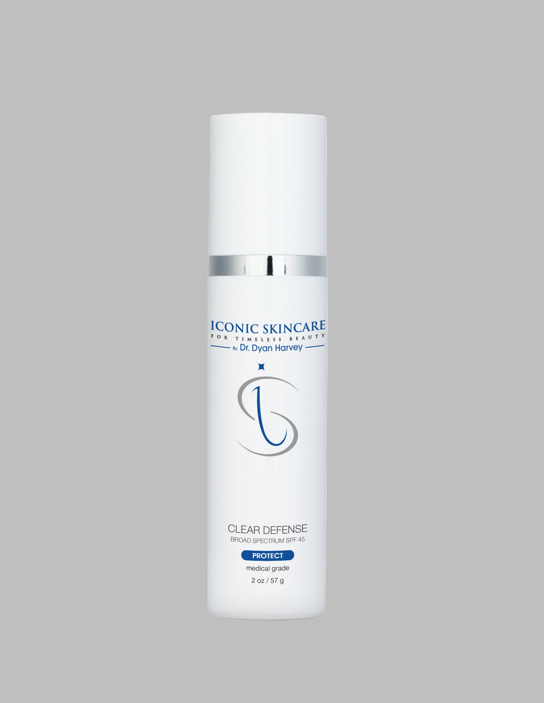 Clear Defense Skincare bottle labeled 'Iconic Skincare' on a white background