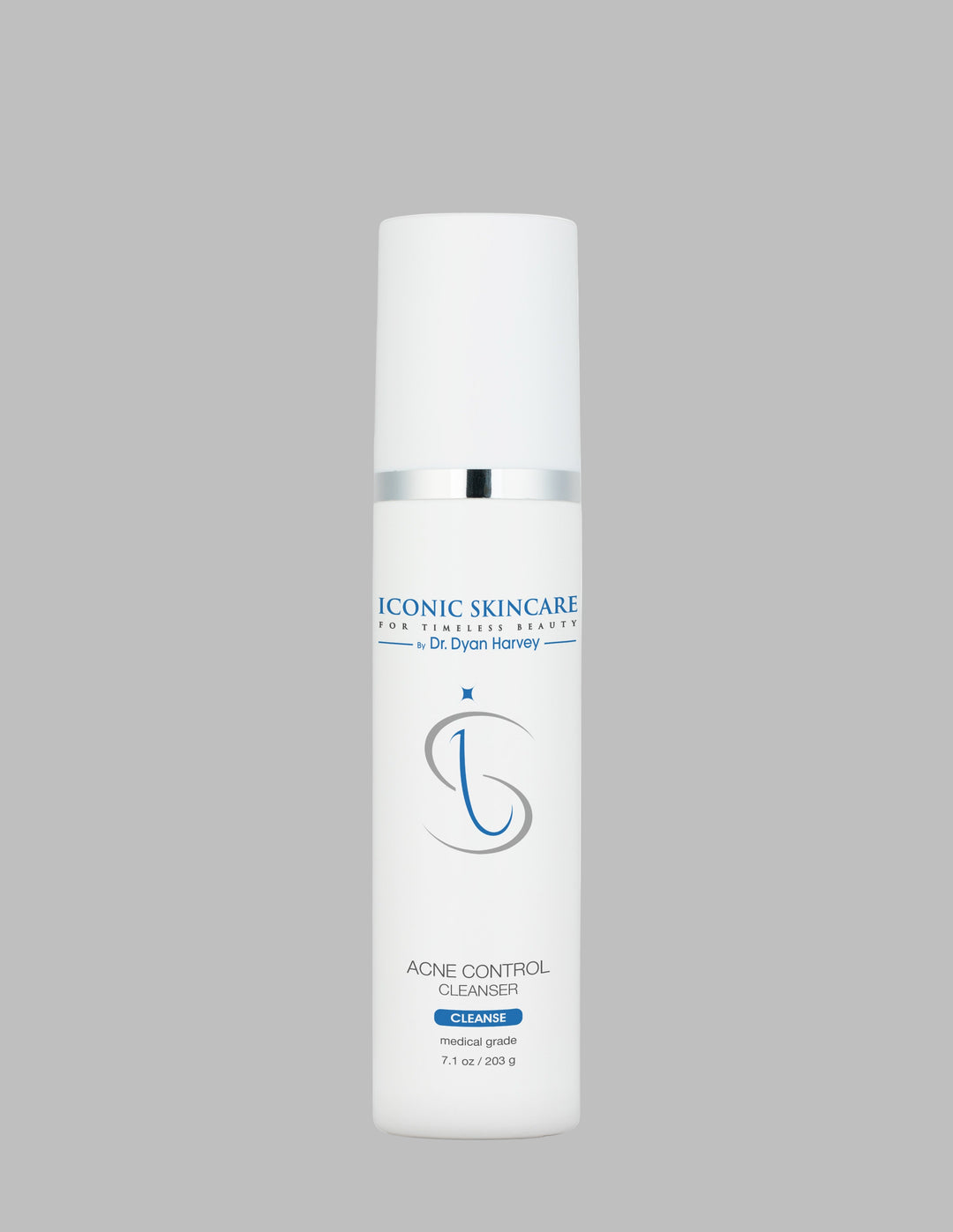 Acne control cleanser skincare bottle labeled 'Iconic Skincare' on a white background