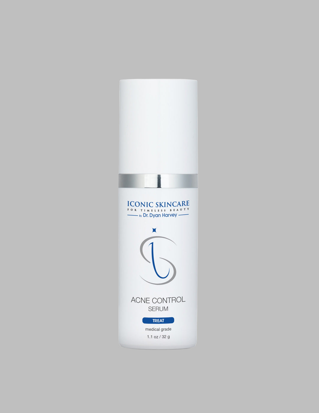 Acne control serum bottle with 'Iconic Skincare' branding on a white background