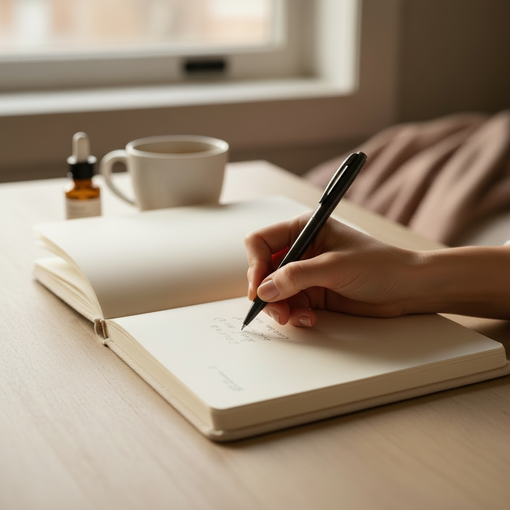 Soft self-care moment, woman writing in workbook, closer framing